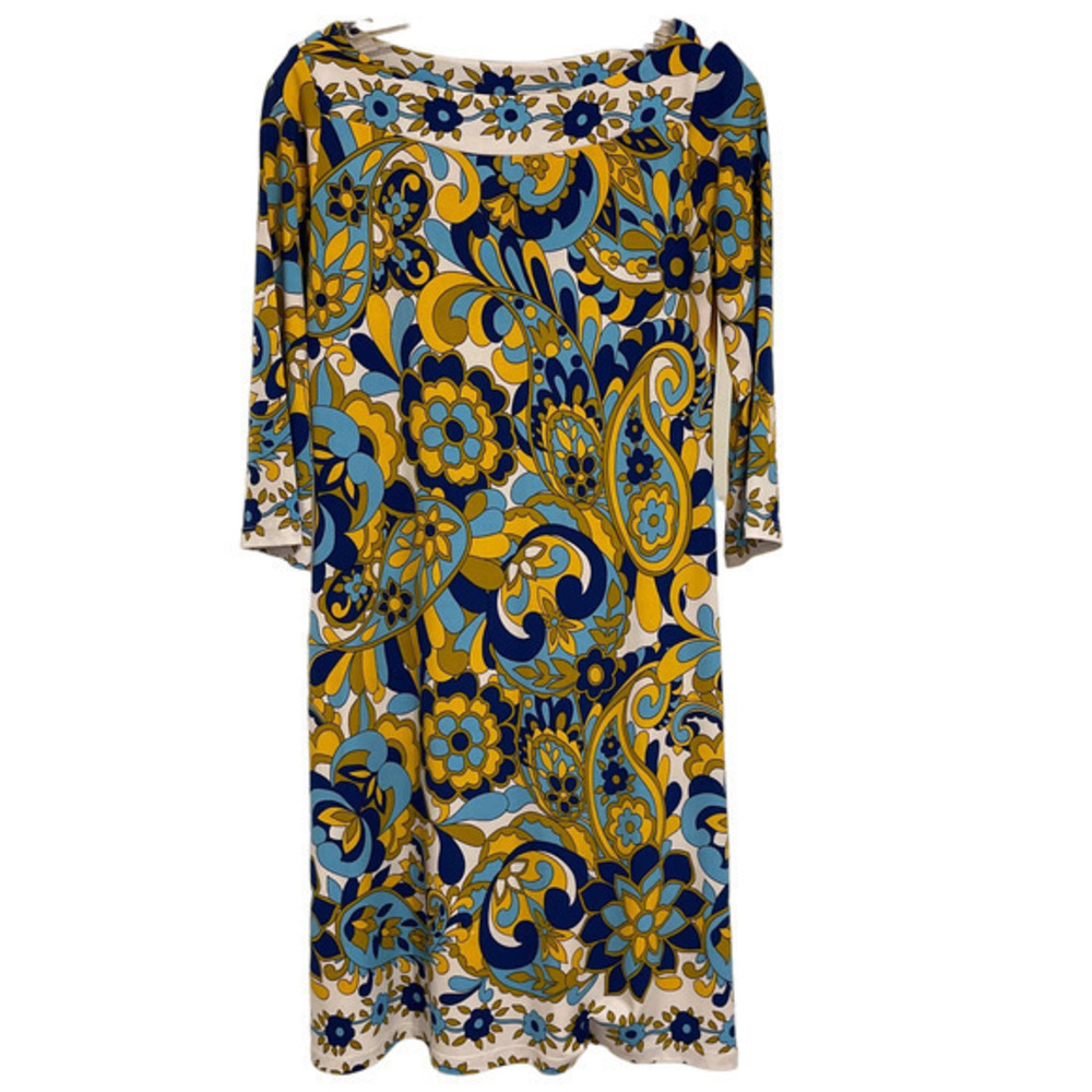 Eliza J New York Retro Paisley Floral Shift Dress Blue Yellow Size 4